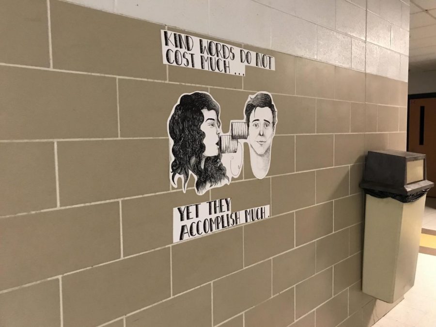 Lemont High School’s hallways decorated with positive messages using art. Artwork was drawn and designed by students, then printed onto sticker paper.