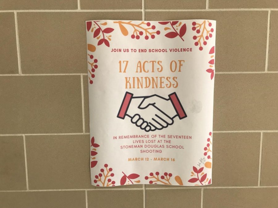 One of the many posters around LHS that advocate against violence in schools advertises the 17 Acts of Kindness movement. It also serves as a remembrance for the victims of the Stoneman Douglas School shooting. 