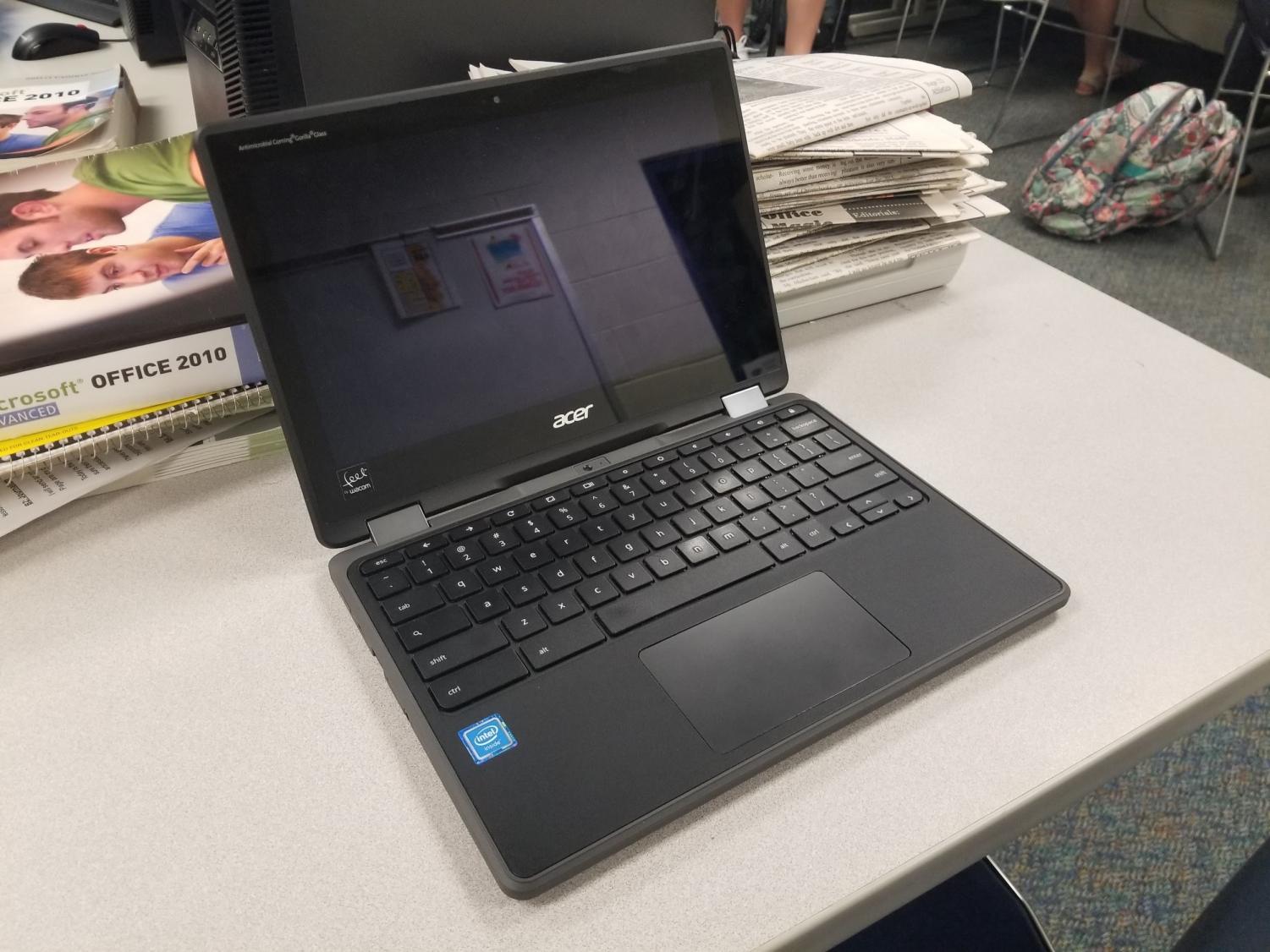 School-issued chromebooks, which will be collected on May 20th from students. The Chromebooks will not be available for purchase after graduation. Photo by Matthew O’Malley.