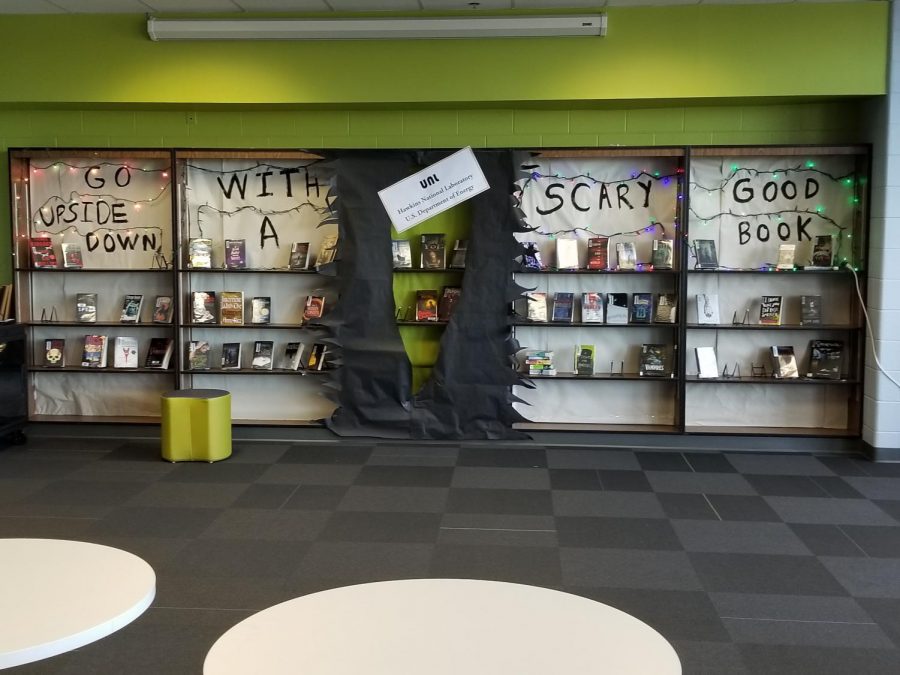 Horror books line the display in the Citgo Innovation Academy.