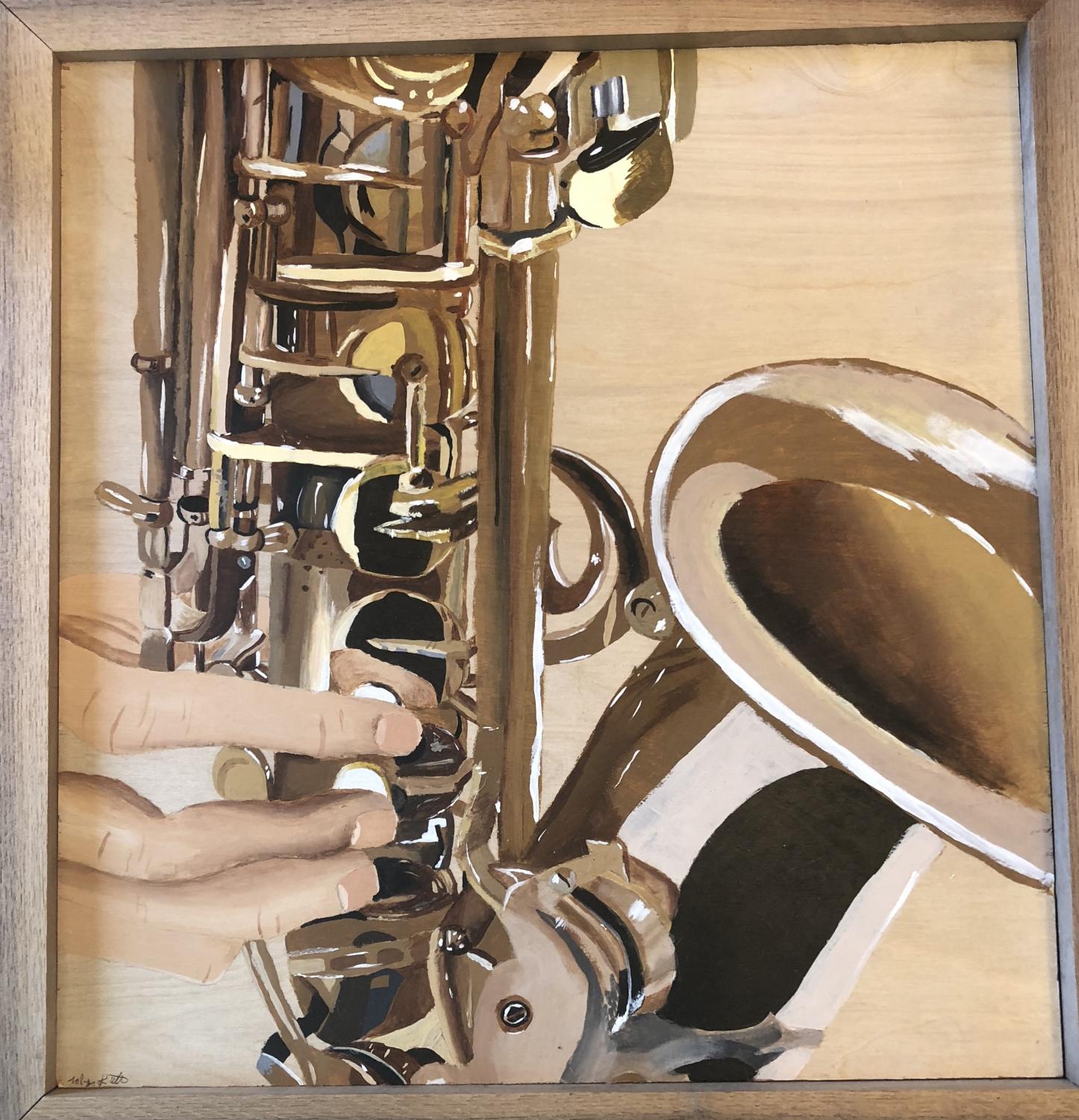 This is a saxophone painting created by Robyn Kraft in her senior year. The painting is dedicated to Kraft’s boyfriend and the LHS Band.