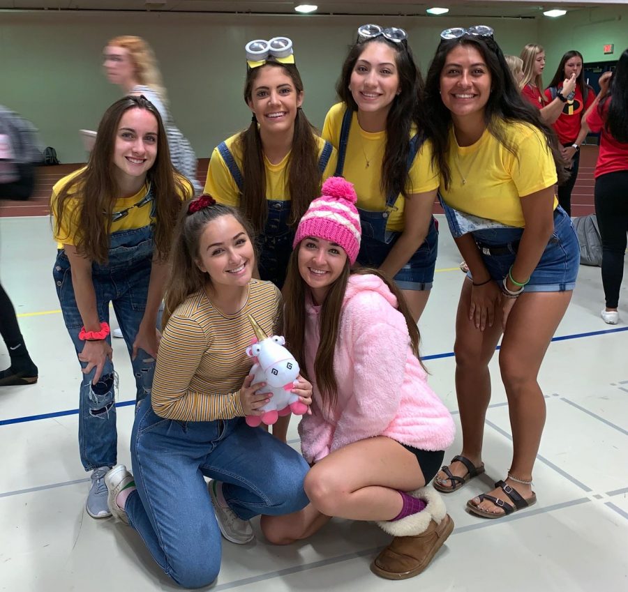 Senior girls dress up as characters from the popular Disney movie Despicable Me. 
Top left to right: Jenna Valenti, Kyra Feltz, Gloria Vargas, Adriana Patino. 
Bottom Row left to right: Hanna Dworkin, Hannah Troy