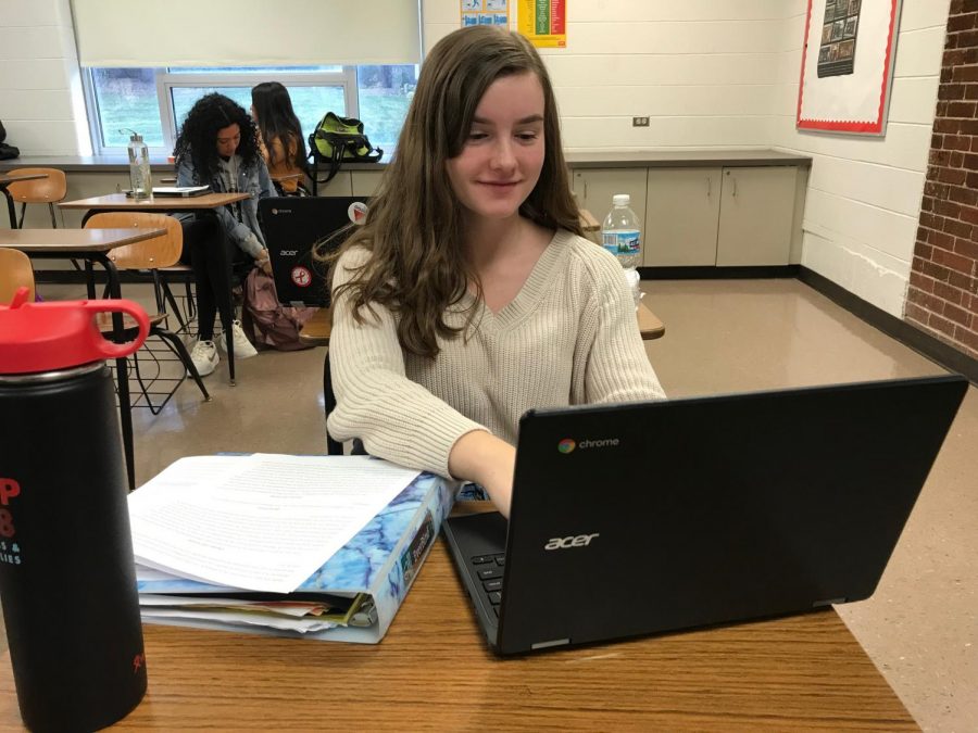 Foreign Language Club member Charlotte Albrecht studies French vocabulary during class.