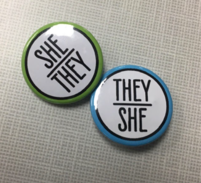 For my pronoun pins, as I like to use they/them and she/her interchangeably, I got two pins (if I have a preference on the day I am wearing them, I will only wear one pin instead of two).