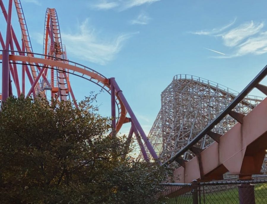 Six Flag’s the Viper and Raging Bull pictured at sunset shortly before Fright Fest begun.