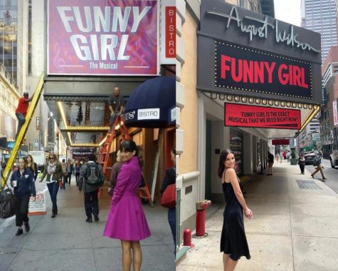 Lea Michele (left) pictured on the set of “Glee” in 2014 and again pictured (right) on Aug. 5, 2022, one month before her official debut as Fanny Brice. 