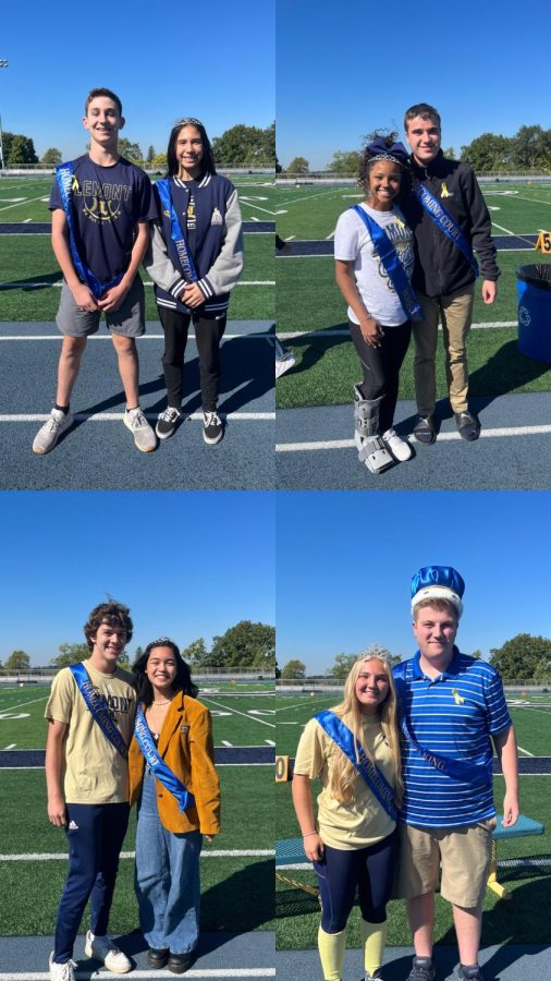 The HOCO court from top left to right: freshmen Carson Caruso and Molly O’Connor, sophomores Trenton Parr and Jordan Cryer, juniors Cael Whitchurch and Alana Nispersos and senior king John Vranas along with senior queen Suzie Knutte. 
