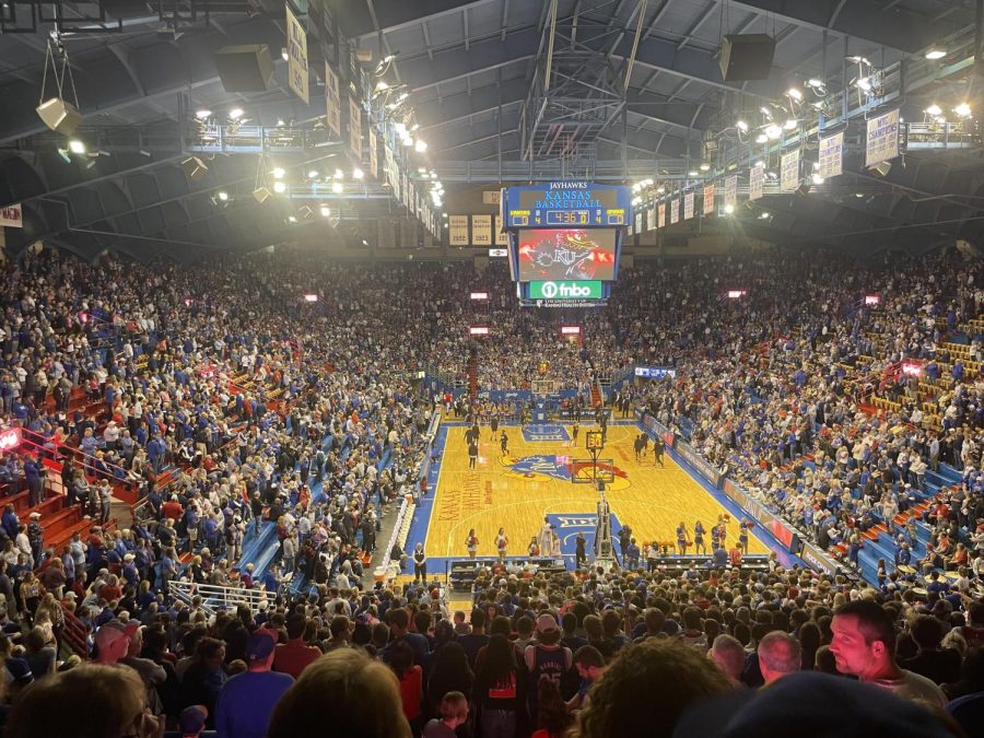 Students and Fans pack Allen Fieldhouse for Kansas’s first game since their 2022 National Championship win. 