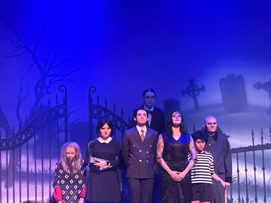 The+cast+featured+seniors+Stone+TeSelle+and+Camryn+Caruso+as+haunting+couple+Gomez+and+Morticia+Addams%2C+junior+Cora+Schaum+as+the+iconic+Wednesday+Addams%2C+freshman+Teagan+Lee+as+the+explosive+Pugsley+Addams%2C+sophomore+Shea+Holt+as+the+feisty+Grandma%2C+junior+Max+Schuette+as+the+kooky+Uncle+Fester+and+sophomore+Jameson+Porritt+on+stilts+as+the+seven-foot+tall+Lurch.+
