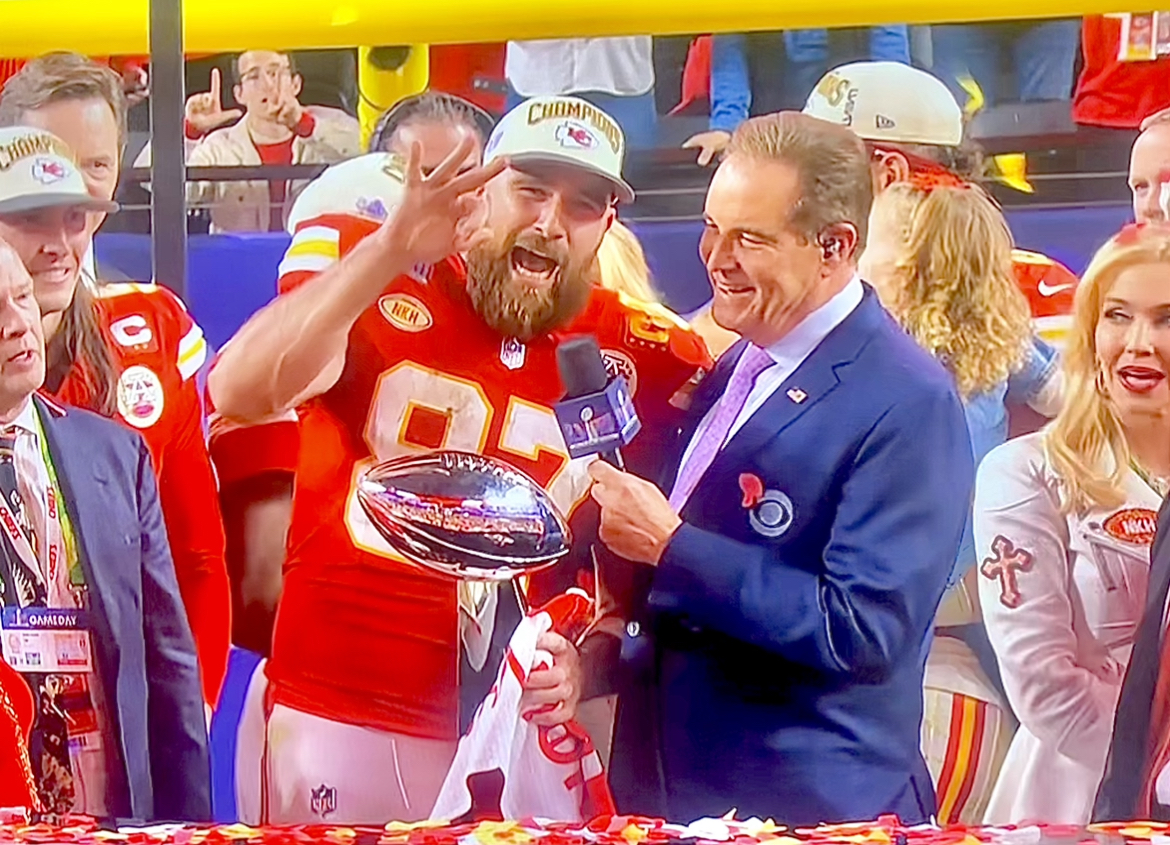 Kansas City Chiefs’ tight end Travis Kelce tells reporter the Chiefs will “three-peat” next season after winning the Super Bowl 25-22 in overtime.