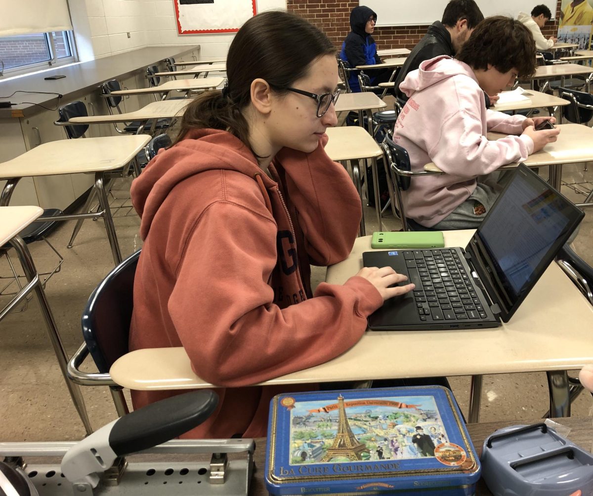  After taking French for three years, senior Helena Panek is currently interning in French. During her interning period, she mainly works on her own projects and helps out the class as needed.