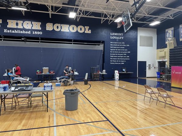 Blood work stations in the Lemont High School gymnasium.