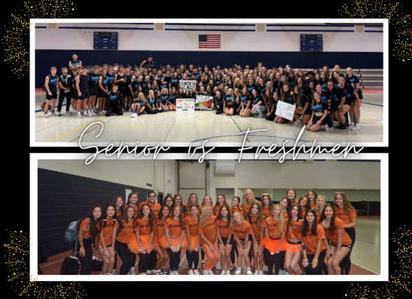 Freshman girls pose for pictures decked out in orange while the seniors wear all black for Class Color Day.