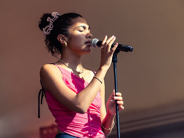 Vocalist Olivia Dean sings at the New Pop Festival in Baden-Baden, Germany.