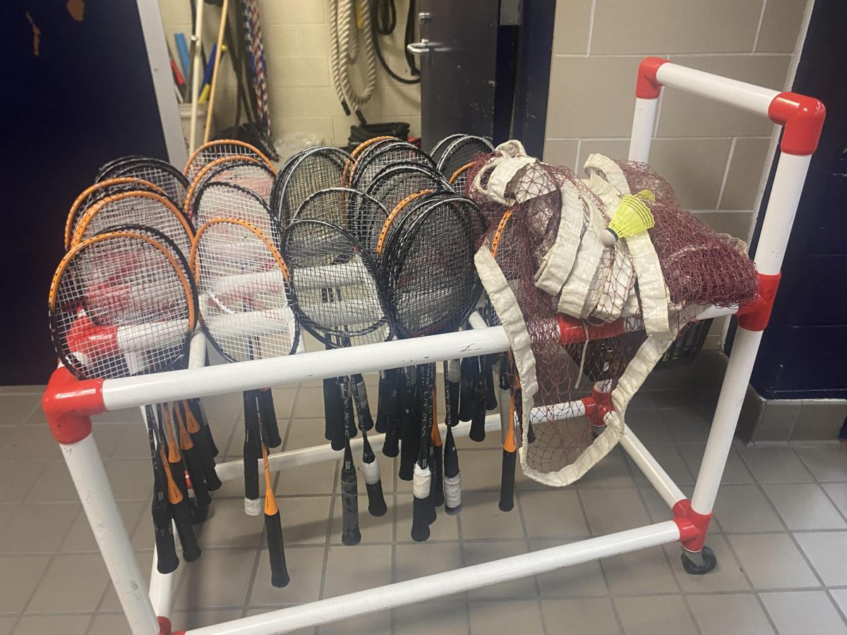  Badminton racket await use for new players at an open gym.
