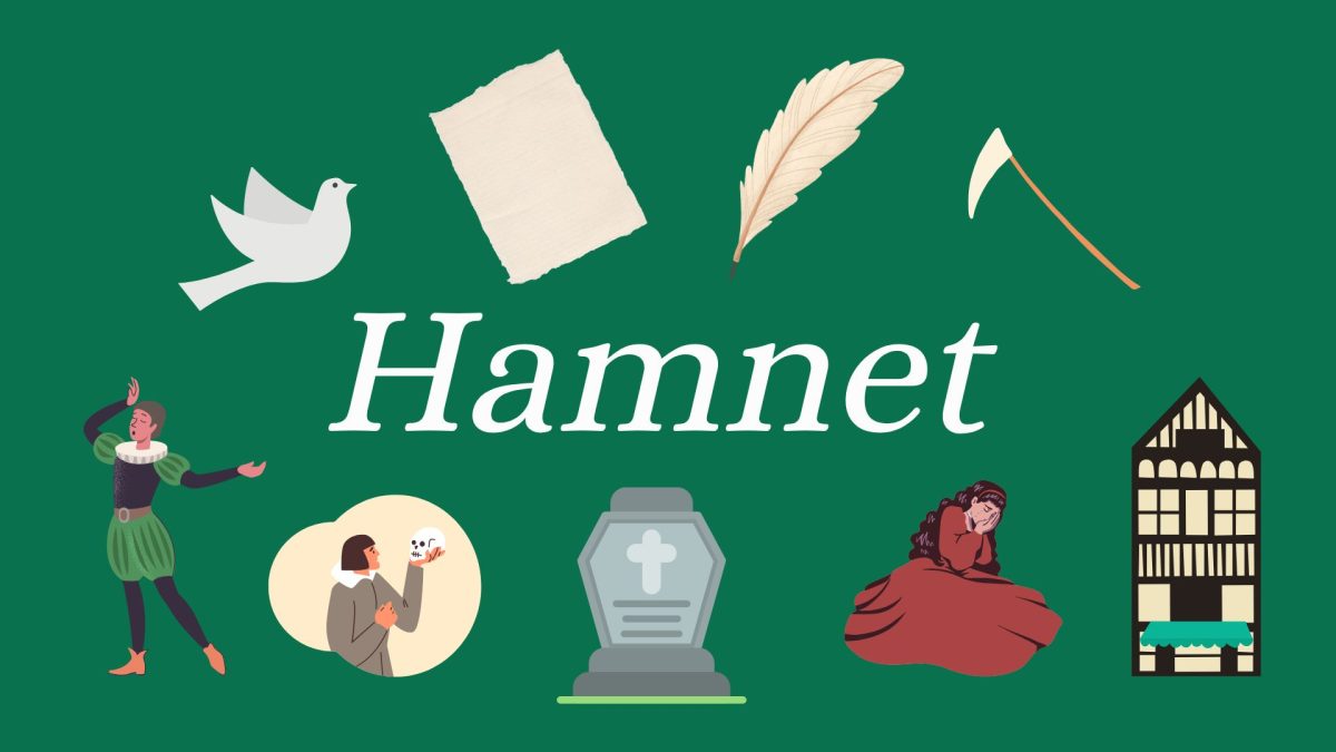 The story of “Hamnet” is depicted in graphic form by utilizing writing supplies, actors, a home and symbols of death. 