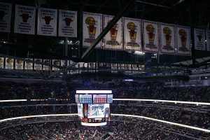 The Chicago Bulls’ championship banners are displayed in the rafters at the United Center.