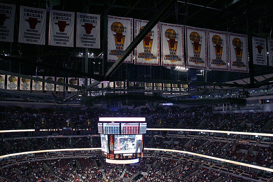 The Chicago Bulls’ championship banners are displayed in the rafters at the United Center. 